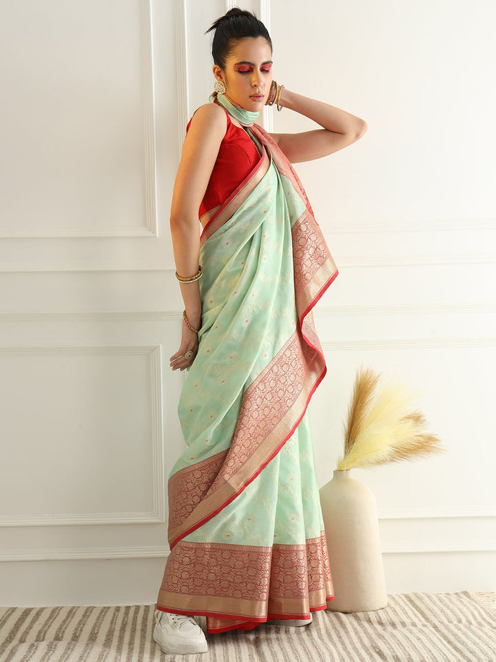 Colorblocked Banarasi Silk Saree with Meenakari Zari Floral Motifs
