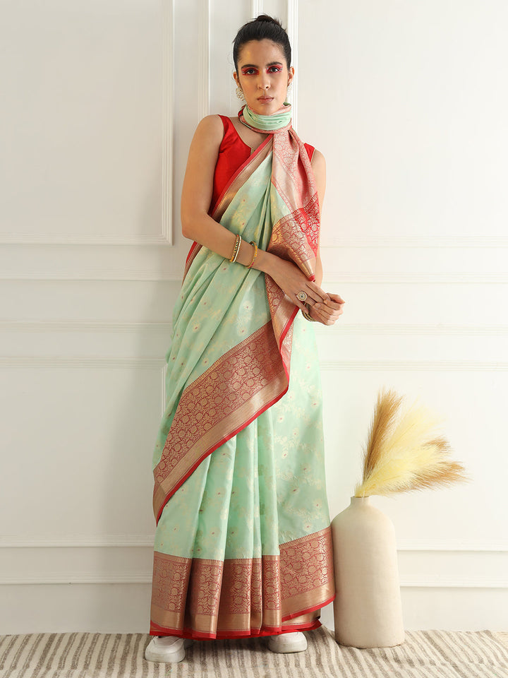 Colorblocked Banarasi Silk Saree with Meenakari Zari Floral Motifs