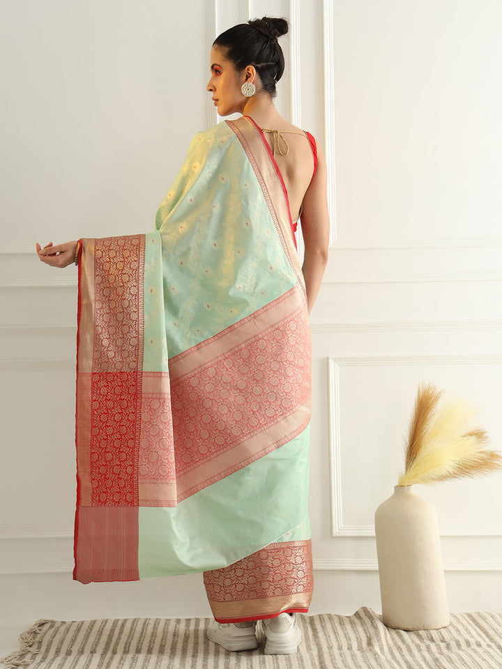 Colorblocked Banarasi Silk Saree with Meenakari Zari Floral Motifs