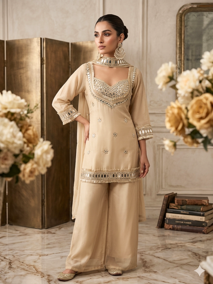Mirror Embellished Sweetheart Neck Kurta with Palazzo & Dupatta