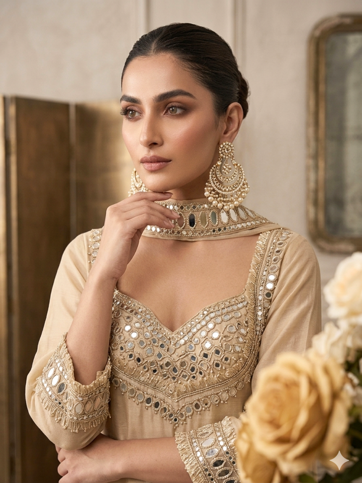 Mirror Embellished Sweetheart Neck Kurta with Palazzo & Dupatta