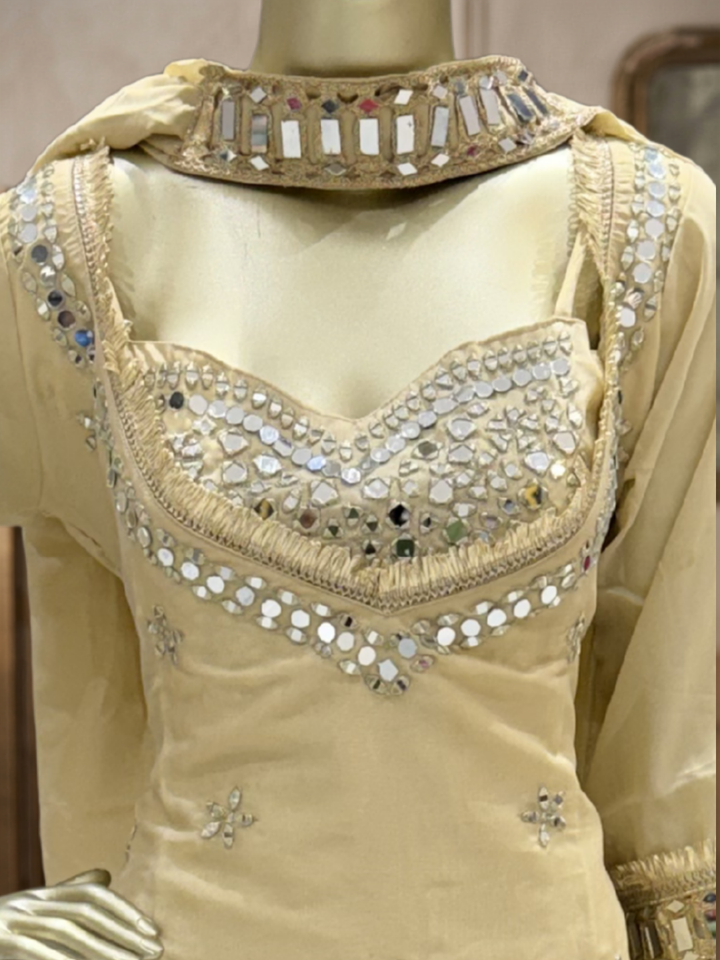 Mirror Embellished Sweetheart Neck Kurta with Palazzo & Dupatta