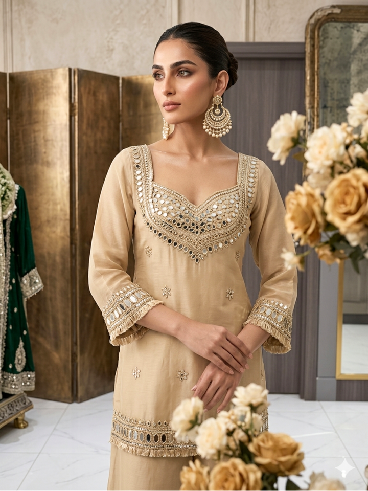 Mirror Embellished Sweetheart Neck Kurta with Palazzo & Dupatta