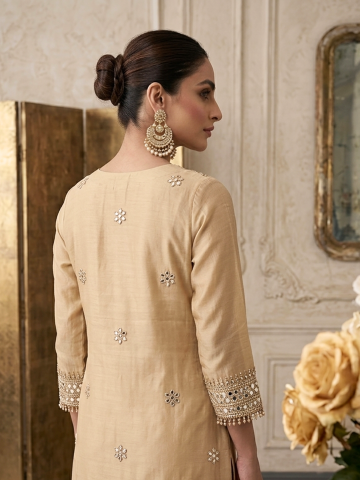Mirror Embellished Sweetheart Neck Kurta with Palazzo & Dupatta