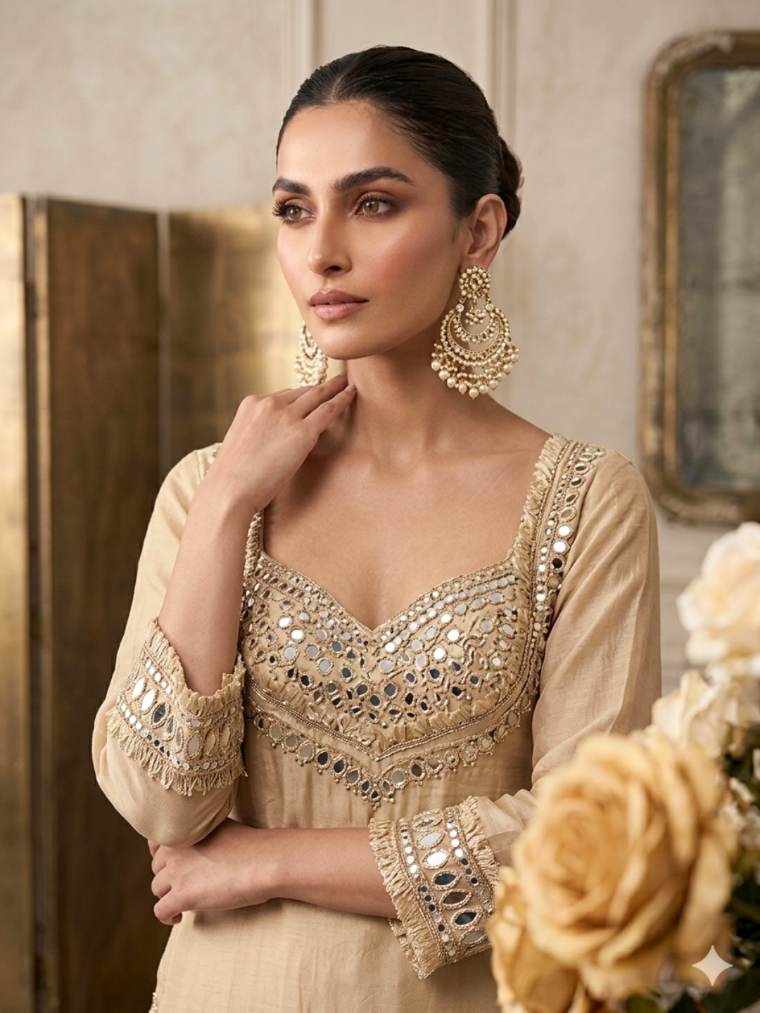 Mirror Embellished Sweetheart Neck Kurta with Palazzo & Dupatta