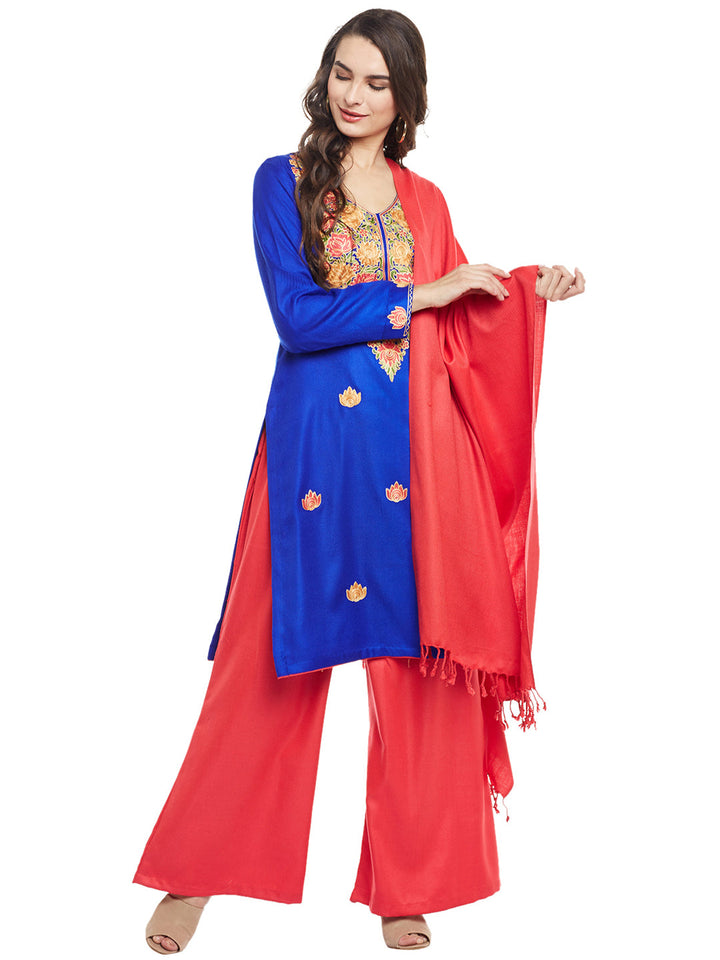Blue  Pink Embroidered  woollen Unstiched Suit With Stole
