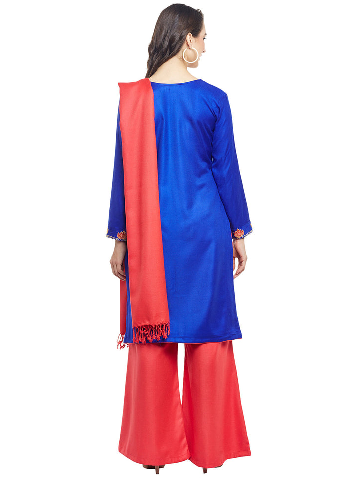 Blue  Pink Embroidered  woollen Unstiched Suit With Stole