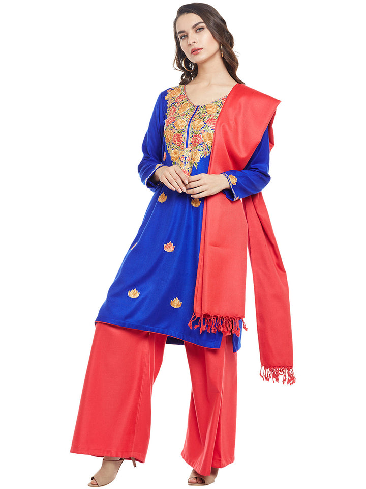 Blue  Pink Embroidered  woollen Unstiched Suit With Stole