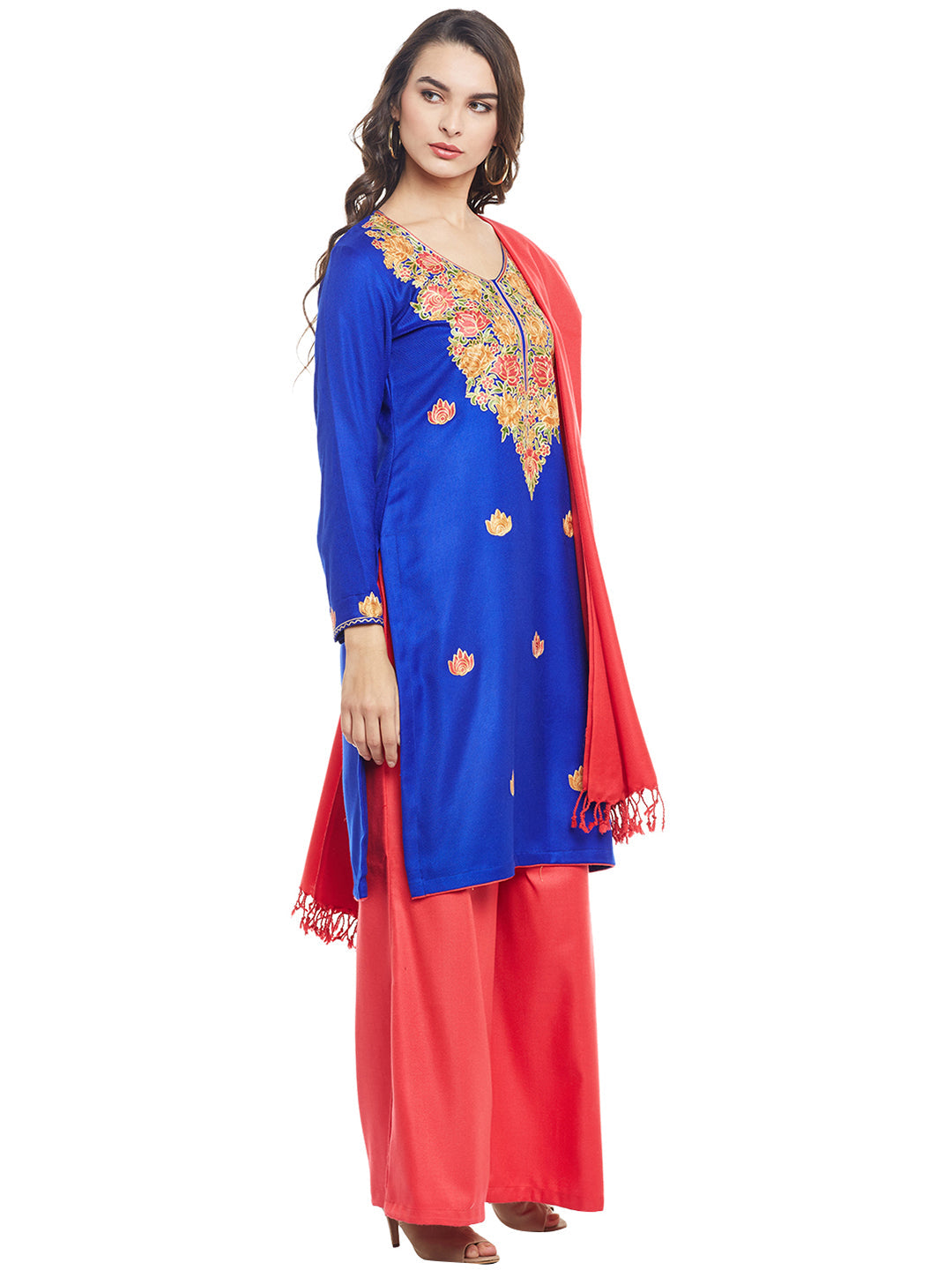 Blue  Pink Embroidered  woollen Unstiched Suit With Stole