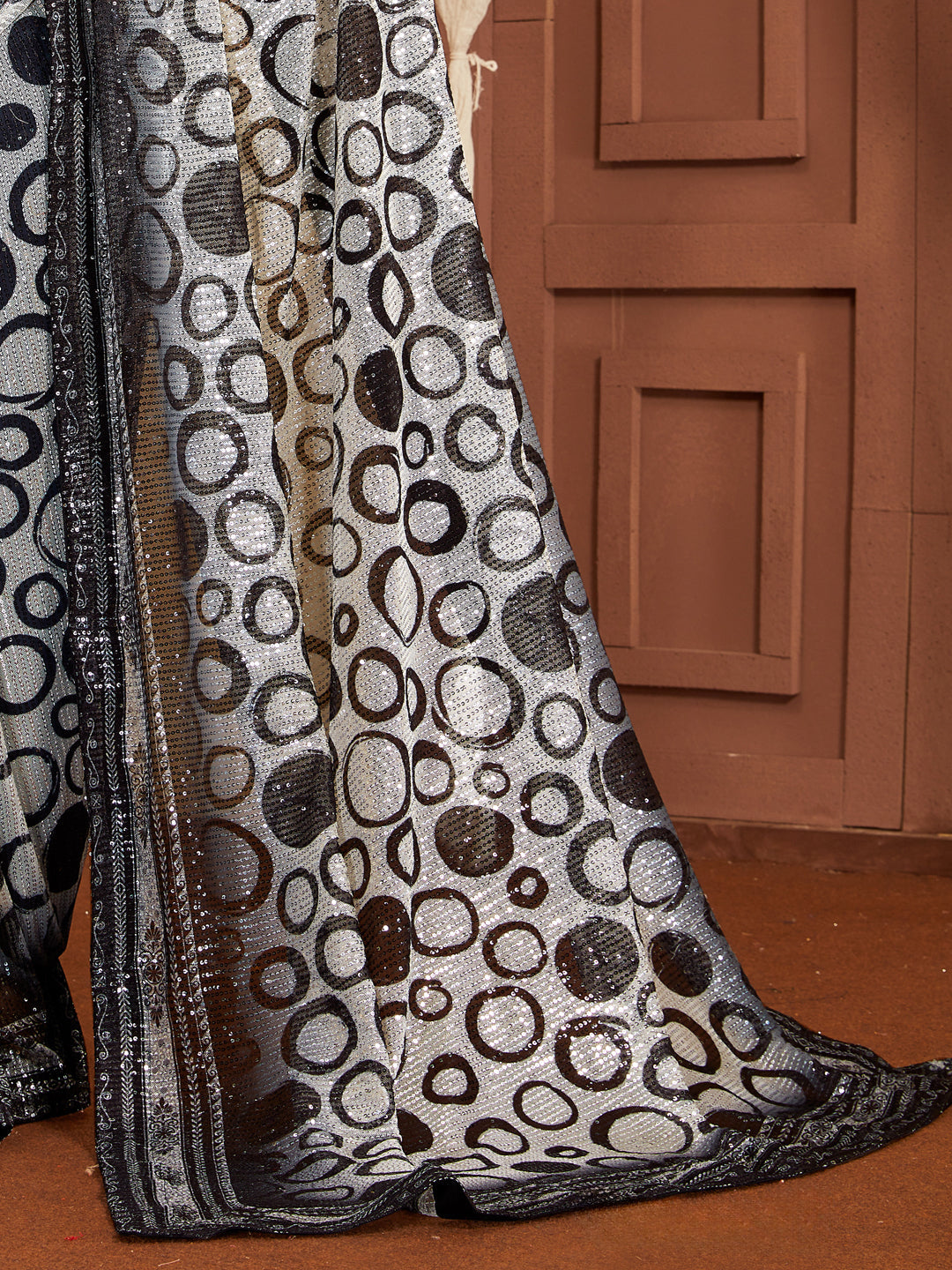 Black & White Sequin Party Wear Saree with Polka Dot Digital Print