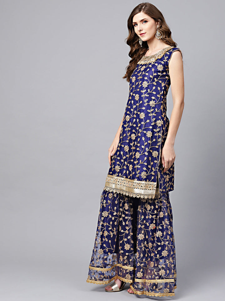Zari Embroidered Kurta Sharara Set with Mirror Embellishments
