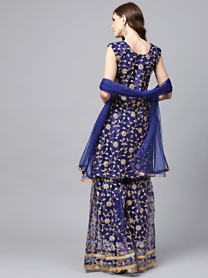 Zari Embroidered Kurta Sharara Set with Mirror Embellishments