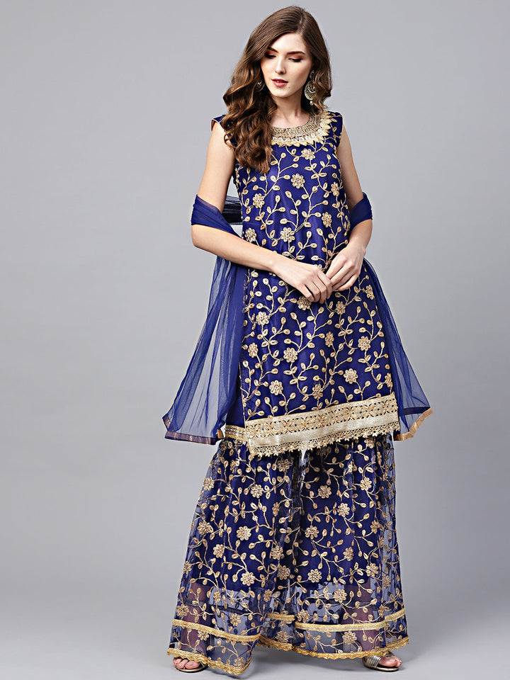 Zari Embroidered Kurta Sharara Set with Mirror Embellishments