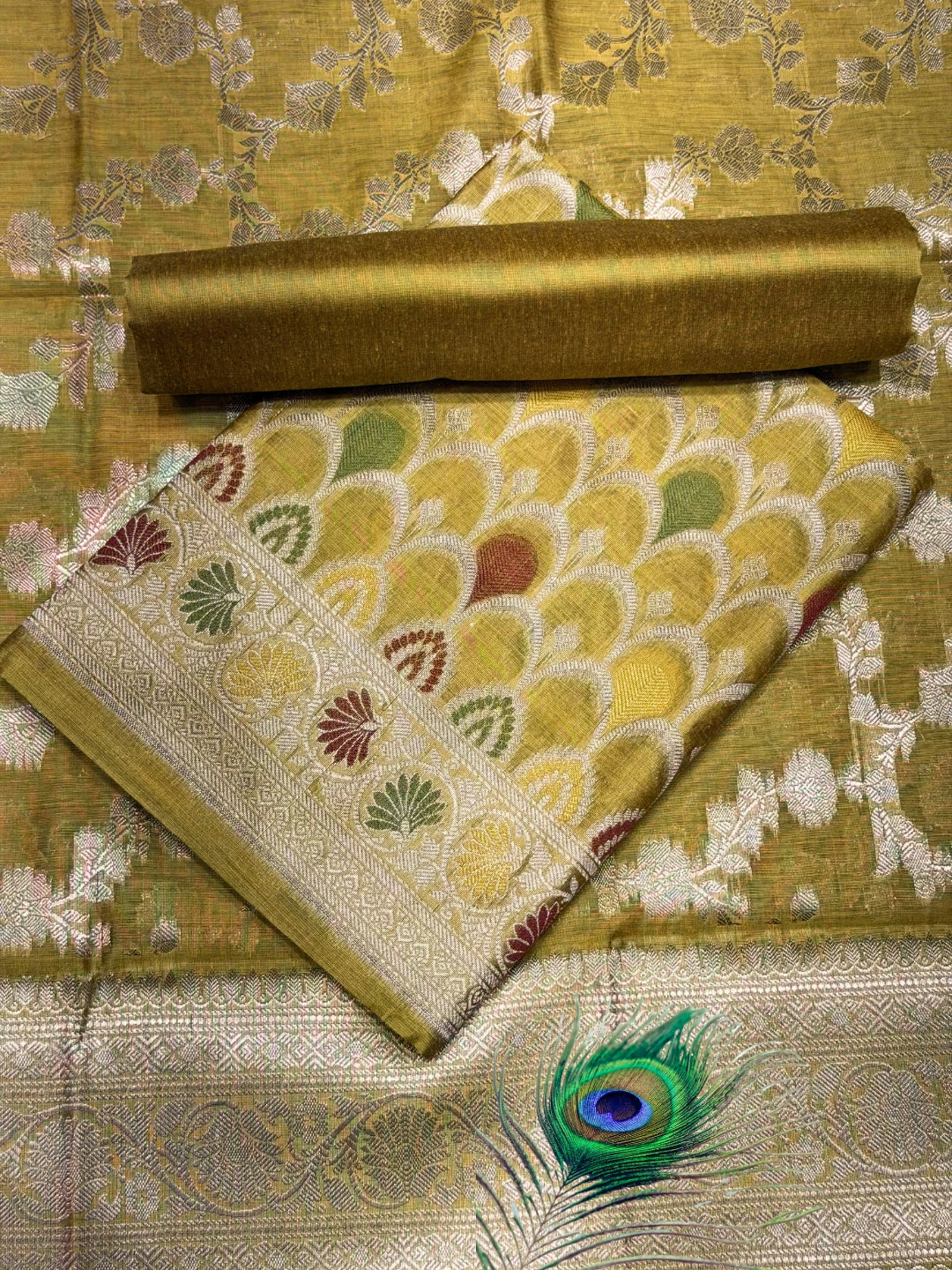 Zari Meenakari Weaving Banarasi Silk Dress Material With Floral Pattern Jhalar Dupatta