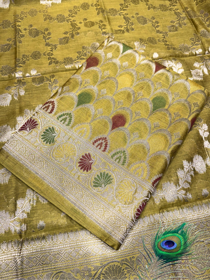 Zari Meenakari Weaving Banarasi Silk Dress Material With Floral Pattern Jhalar Dupatta
