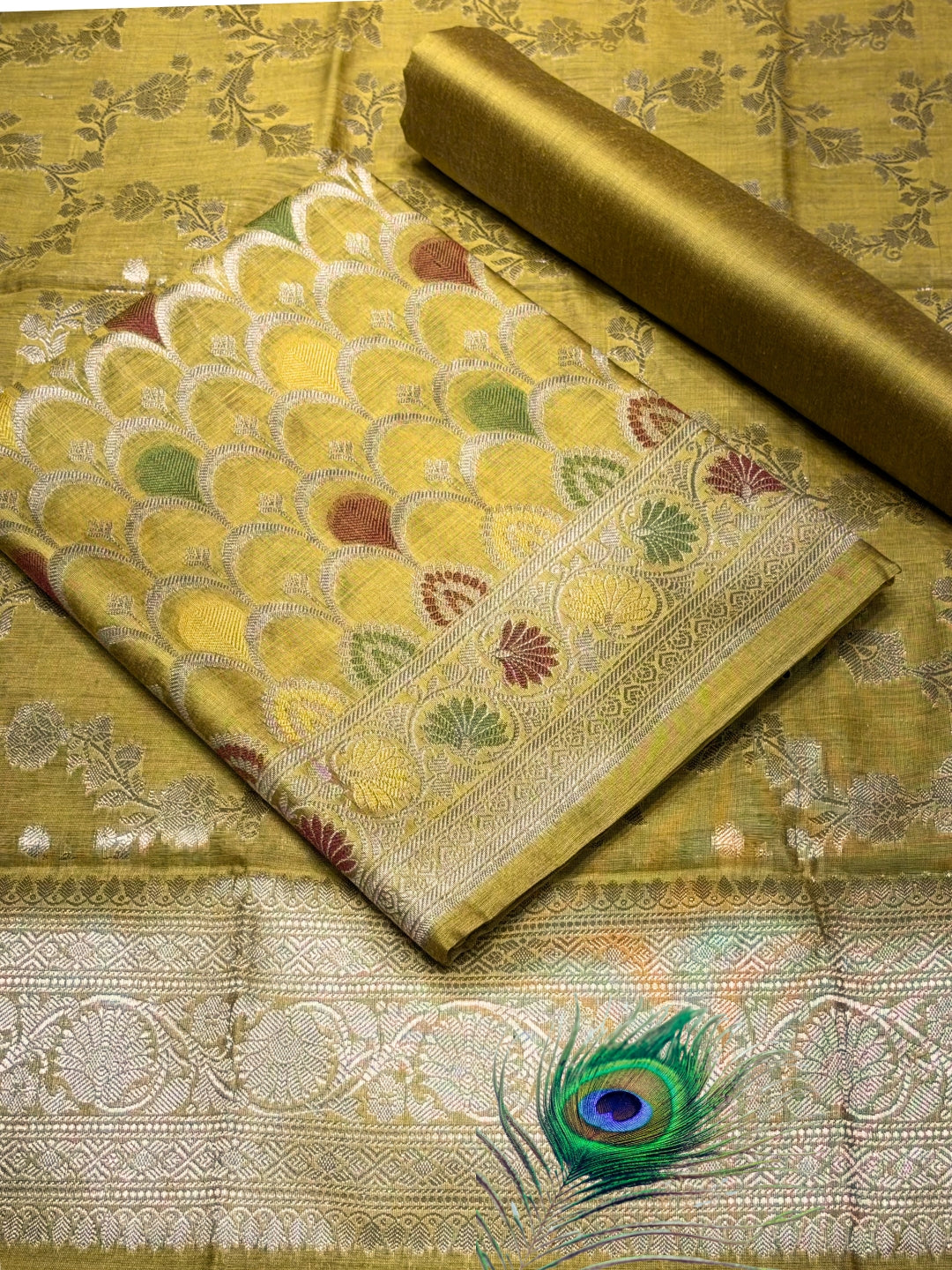 Zari Meenakari Weaving Banarasi Silk Dress Material With Floral Pattern Jhalar Dupatta