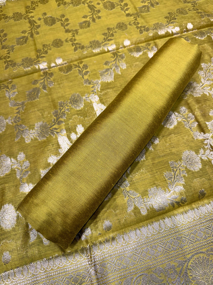 Zari Meenakari Weaving Banarasi Silk Dress Material With Floral Pattern Jhalar Dupatta