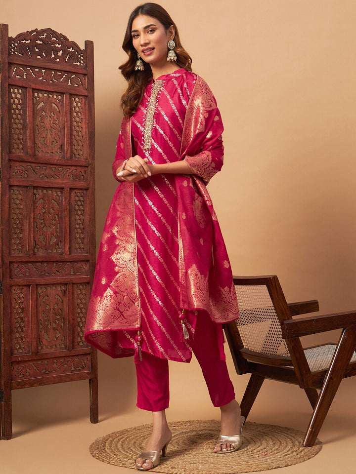 Chhabra 555 Chanderi Silk Embellished Kurta Set with Banarasi Dupatta, Striped Weaving and Tassles