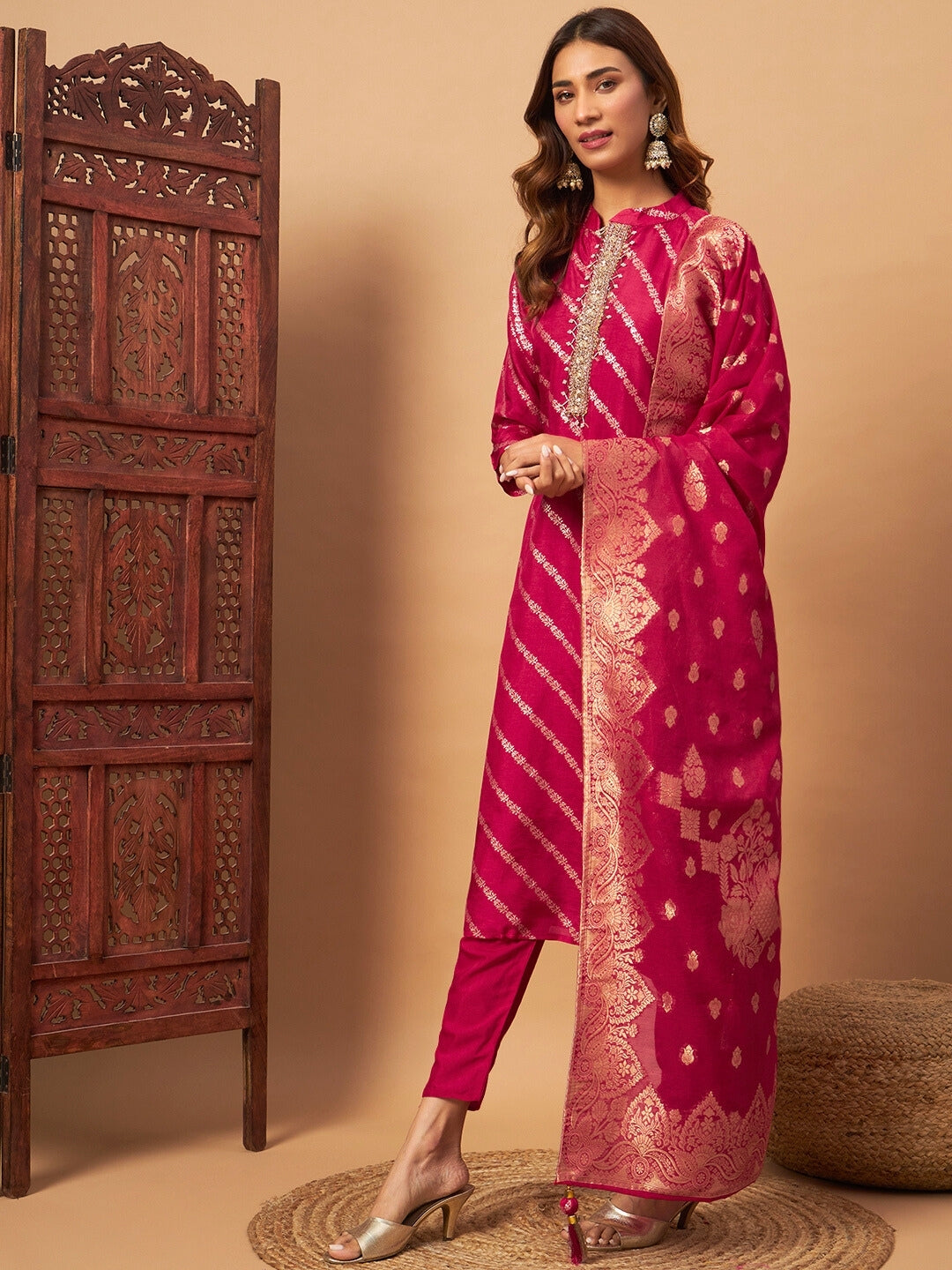 Chanderi Silk Embellished Kurta Set with Banarasi Dupatta, Striped Weaving and Tassles
