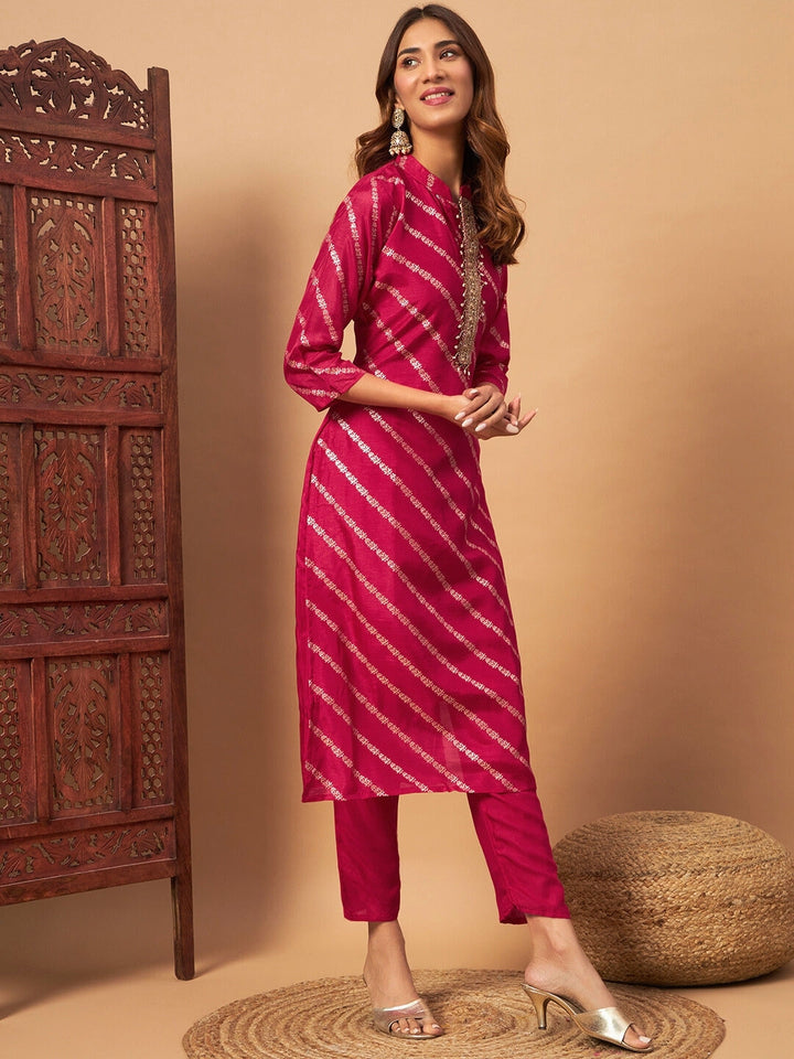 Chanderi Silk Embellished Kurta Set with Banarasi Dupatta, Striped Weaving and Tassles