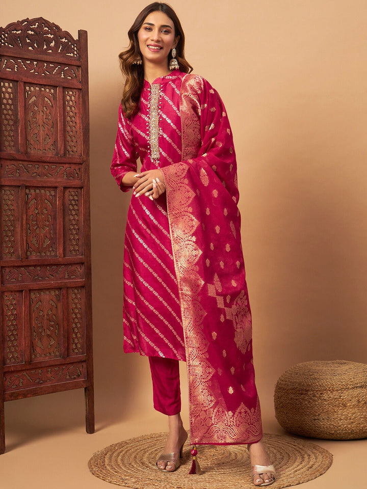 Chanderi Silk Embellished Kurta Set with Banarasi Dupatta, Striped Weaving and Tassles