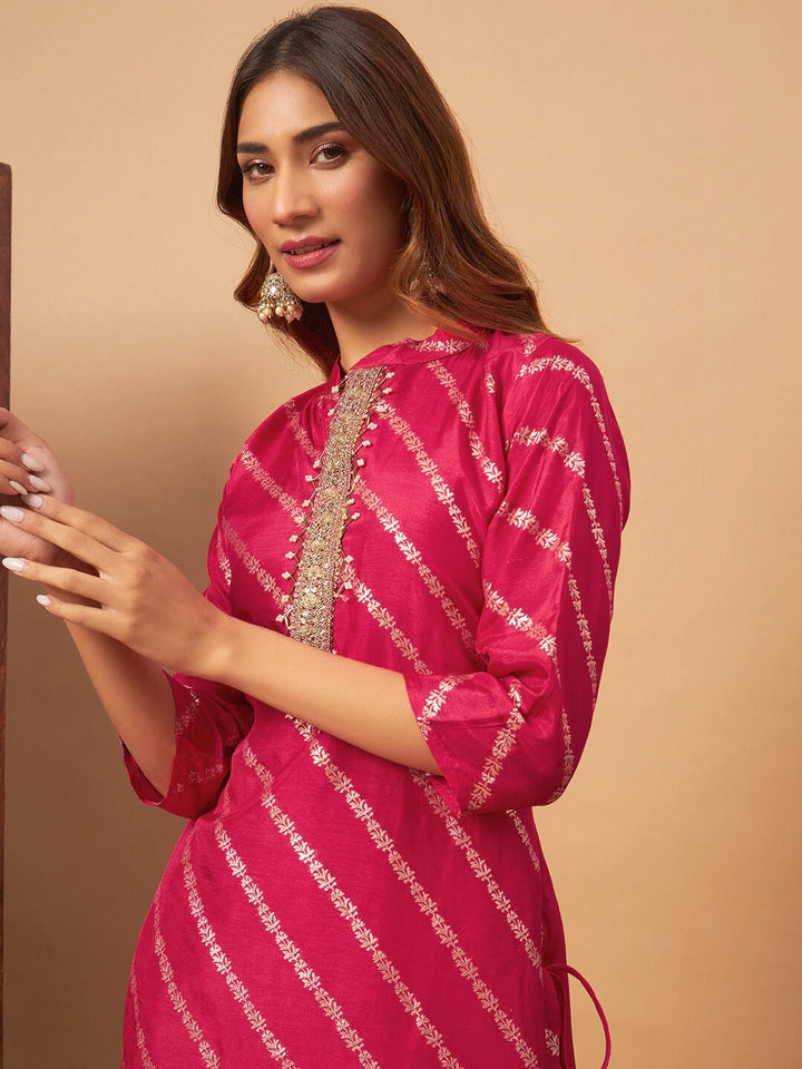 Chanderi Silk Embellished Kurta Set with Banarasi Dupatta, Striped Weaving and Tassles