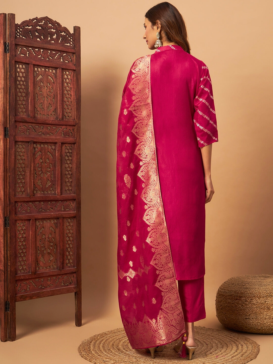 Chanderi Silk Embellished Kurta Set with Banarasi Dupatta, Striped Weaving and Tassles