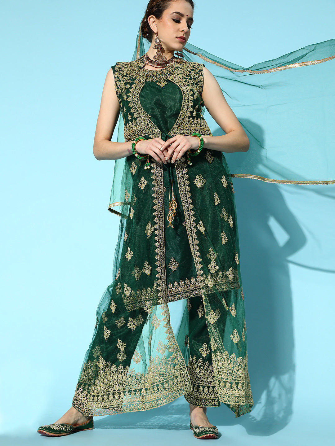 Bottle Green Net Suit Set with Long Jacket & dupatta
