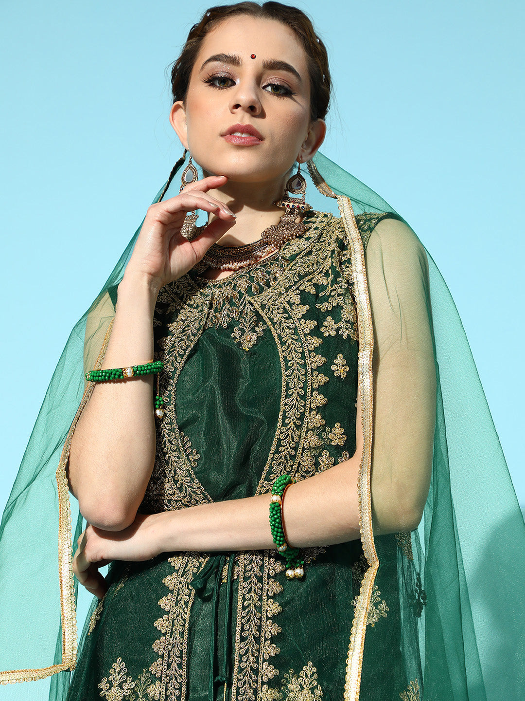 Bottle Green Net Suit Set with Long Jacket & dupatta