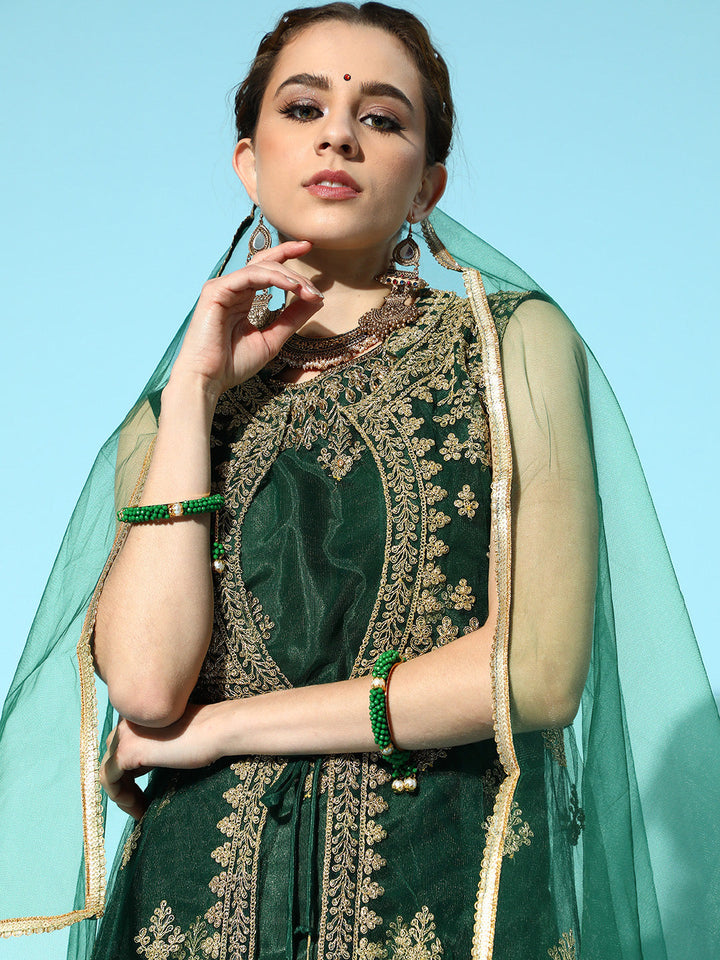 Bottle Green Net Suit Set with Long Jacket & dupatta