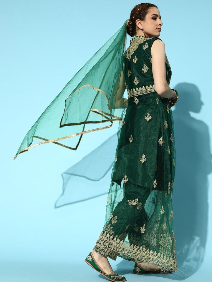 Bottle Green Net Suit Set with Long Jacket & dupatta