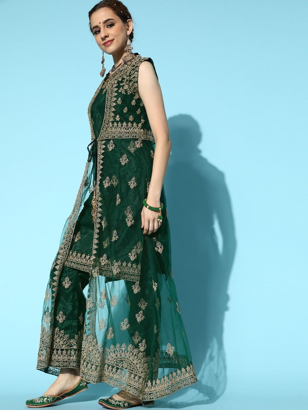 Bottle Green Net Suit Set with Long Jacket & dupatta