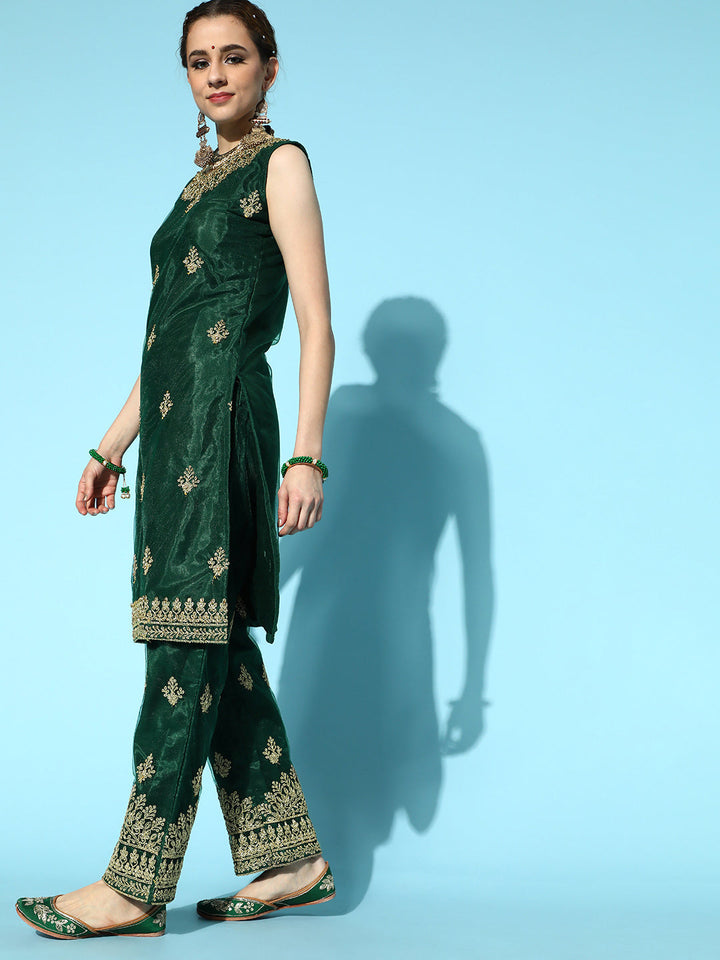 Bottle Green Net Suit Set with Long Jacket & dupatta