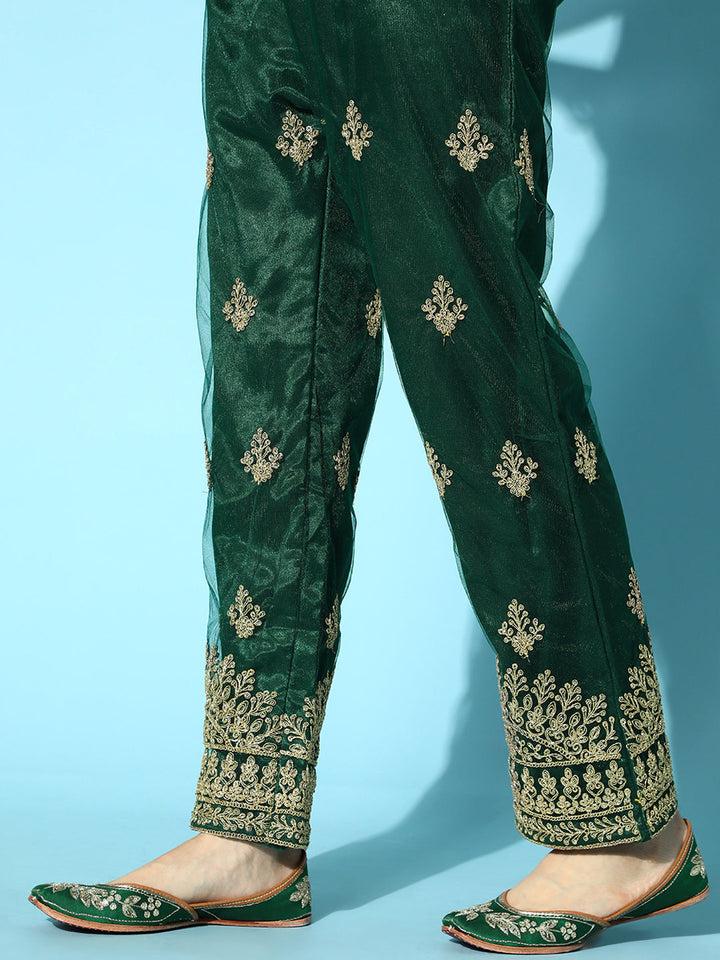Bottle Green Net Suit Set with Long Jacket & dupatta