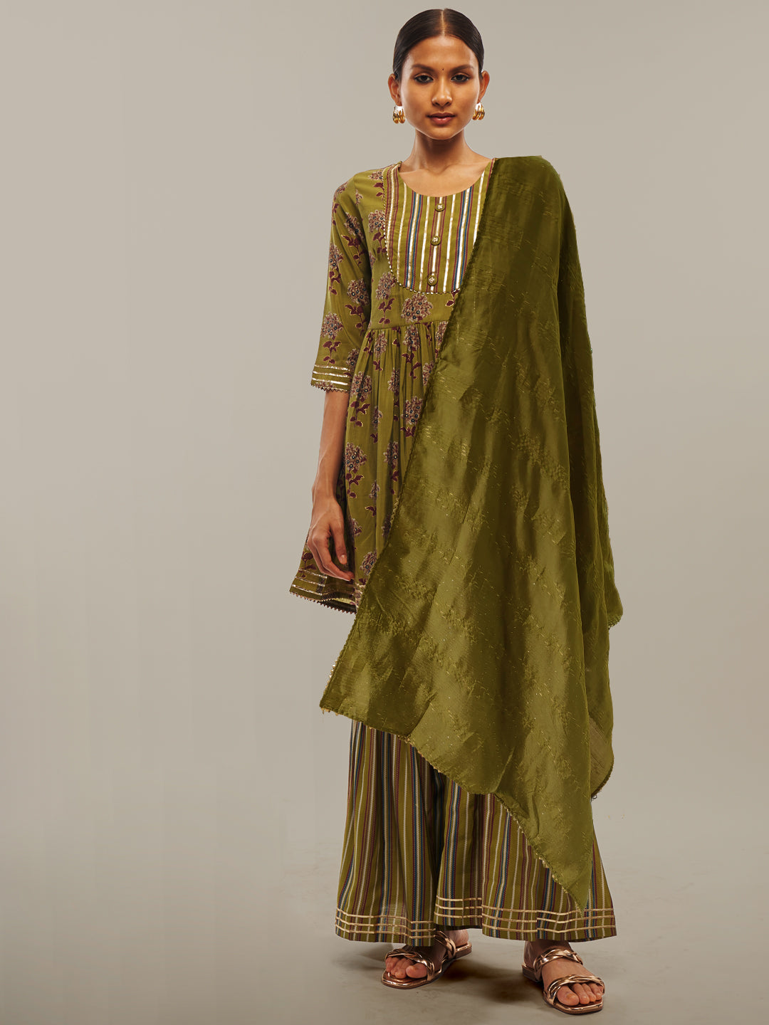 Mehendi Green Flared Kurta Sharara Set with Gotta Patti Work