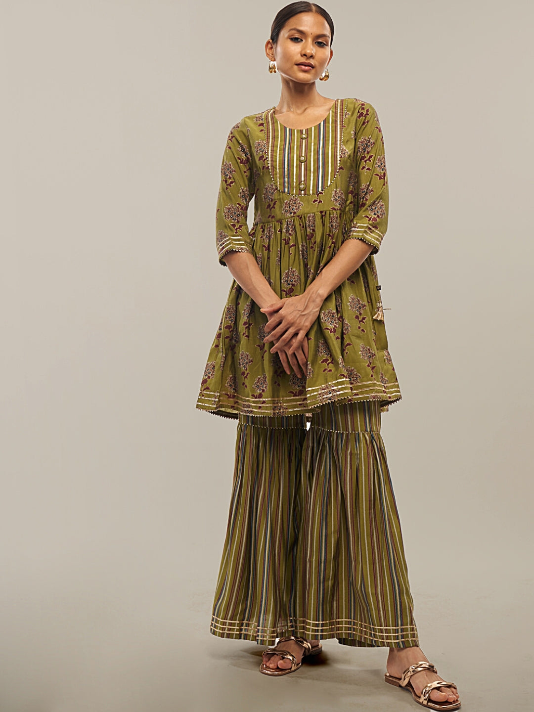Mehendi Green Flared Kurta Sharara Set with Gotta Patti Work