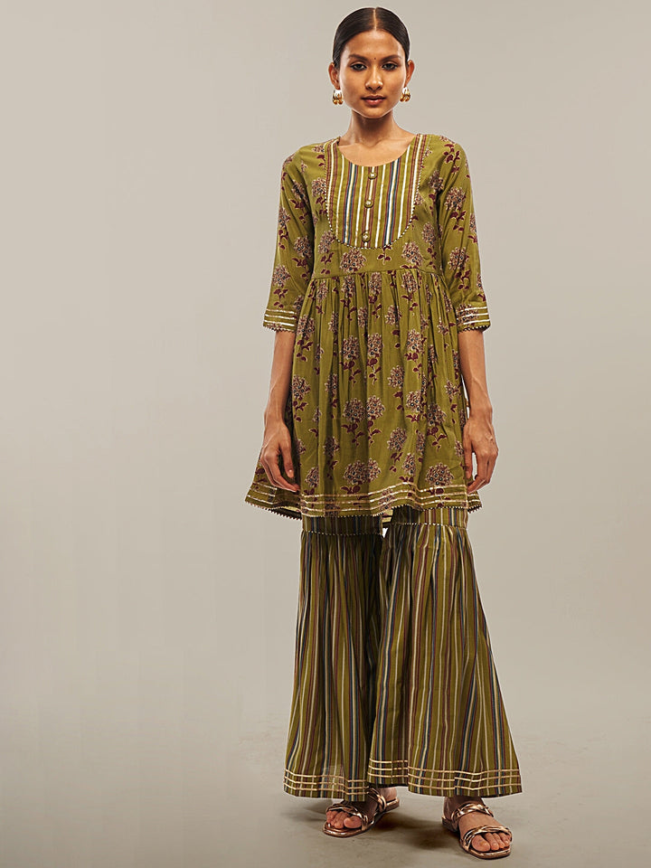 Mehendi Green Flared Kurta Sharara Set with Gotta Patti Work