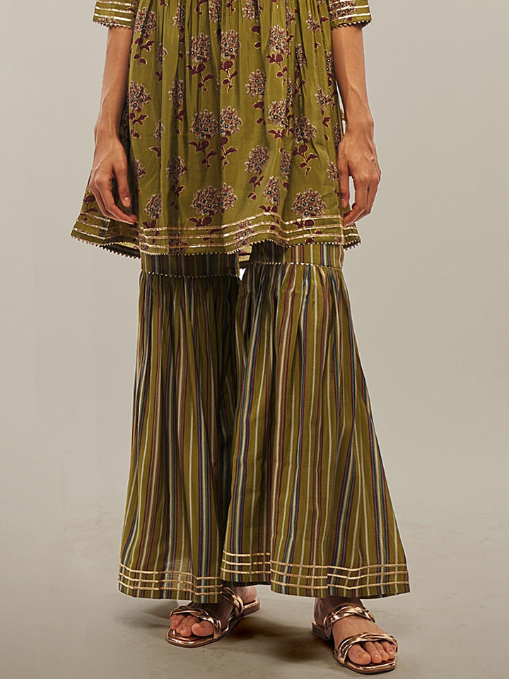 Mehendi Green Flared Kurta Sharara Set with Gotta Patti Work