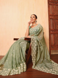 Chhabra 555 Pastel Green Thread Embroidered Cut-work Border Soft Tissue Saree