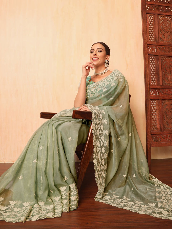 Chhabra 555 Pastel Green Thread Embroidered Cut-work Border Soft Tissue Saree