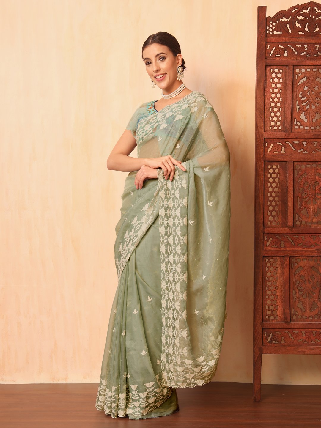 Pastel Green Thread Embroidered Cut-work Border Soft Tissue Saree