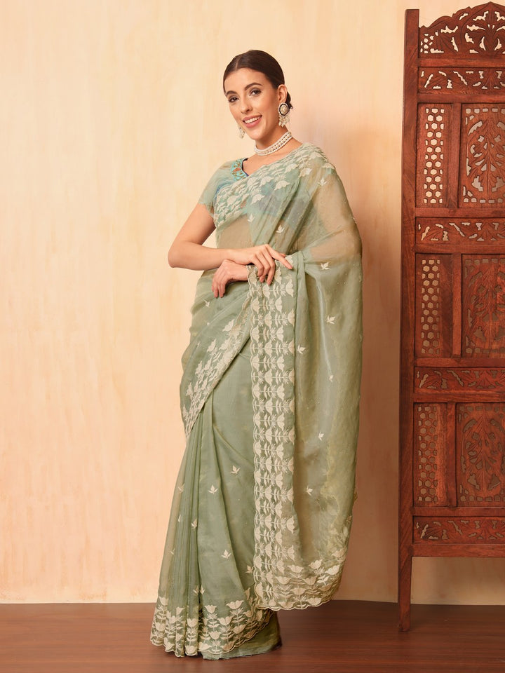 Pastel Green Thread Embroidered Cut-work Border Soft Tissue Saree