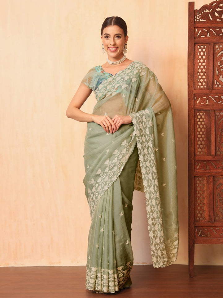 Pastel Green Thread Embroidered Cut-work Border Soft Tissue Saree