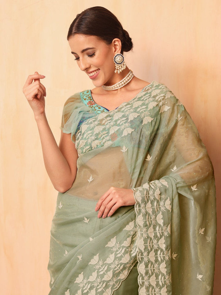 Pastel Green Thread Embroidered Cut-work Border Soft Tissue Saree