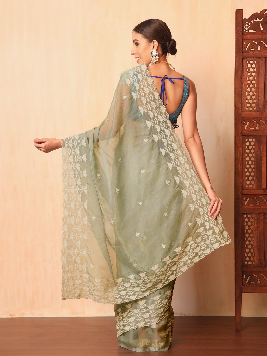 Pastel Green Thread Embroidered Cut-work Border Soft Tissue Saree