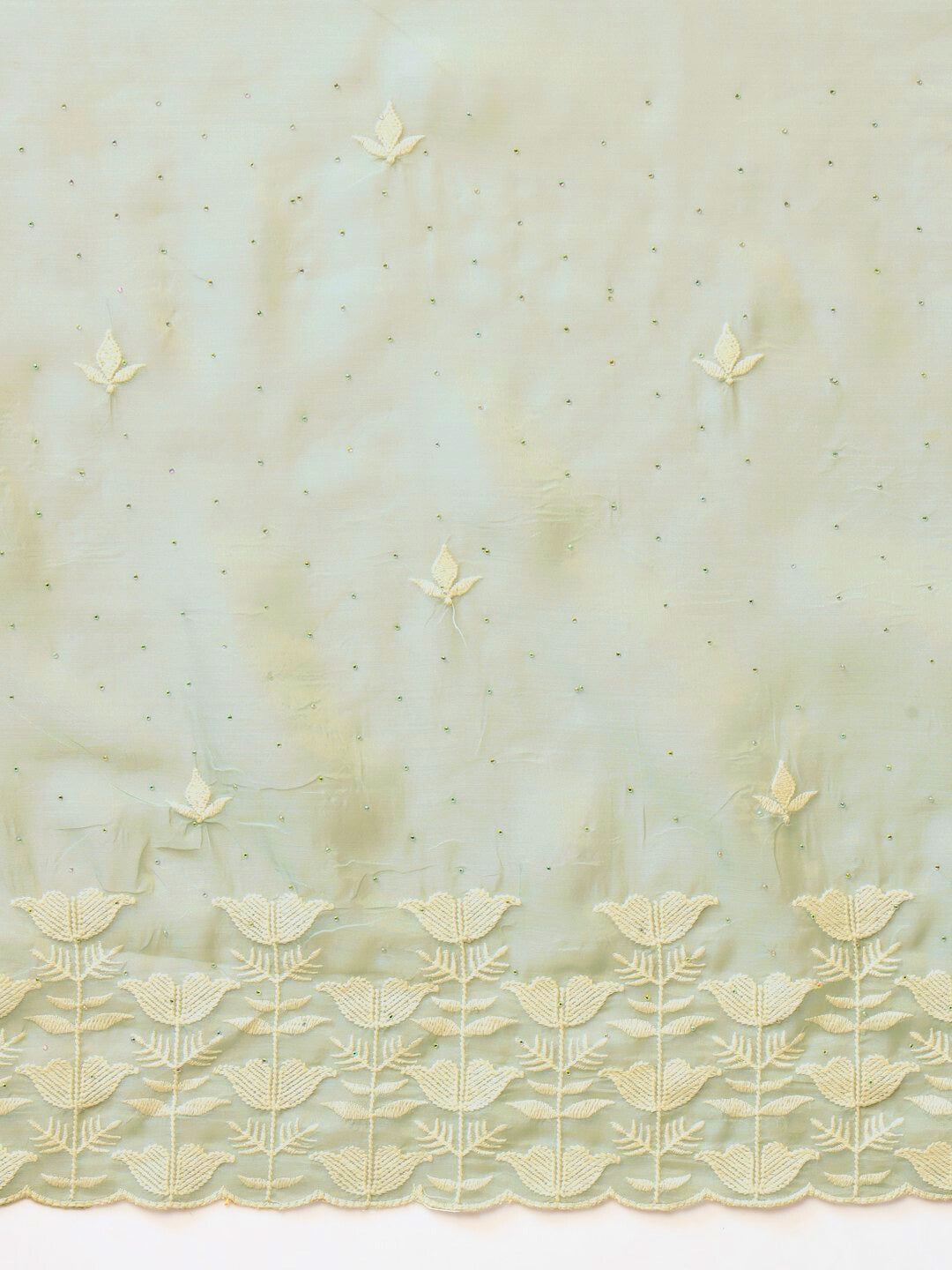 Pastel Green Thread Embroidered Cut-work Border Soft Tissue Saree