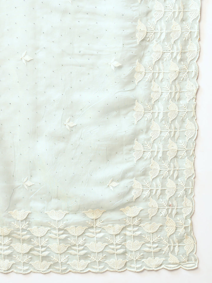 Pastel Green Thread Embroidered Cut-work Border Soft Tissue Saree