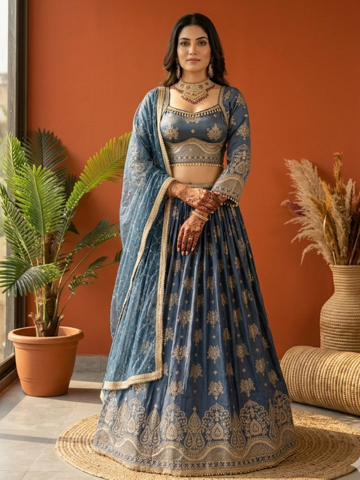 Steel Blue Tissue Lehenga Choli with Zari Mughal Buti Print & Embroidered Border with Net Dupatta