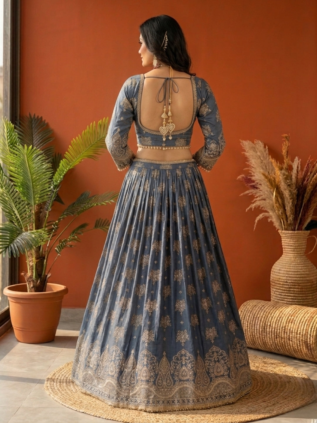 Steel Blue Tissue Lehenga Choli with Zari Mughal Buti Print & Embroidered Border with Net Dupatta