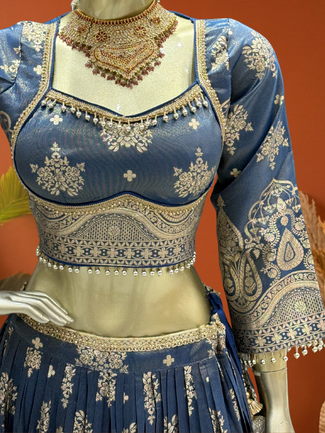 Steel Blue Tissue Lehenga Choli with Zari Mughal Buti Print & Embroidered Border with Net Dupatta